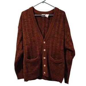 Vtg 90s Basic Editions Mens Brown Marled V-Neck Button Cardigan Sweater Medium